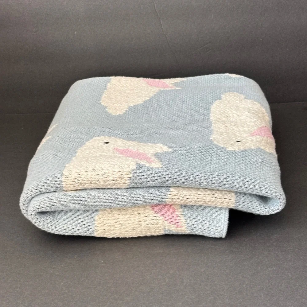 Safavieh Cotton Knit Bunny Rabbit Baby Blanket Light Blue Grey Reversible Luxe